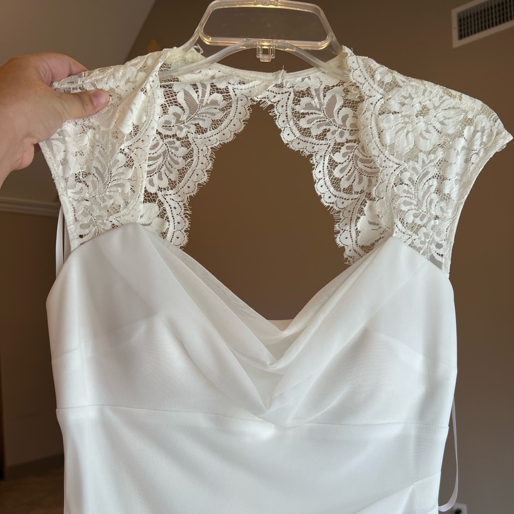 Short all white wedding dress w/lace keyhole back
